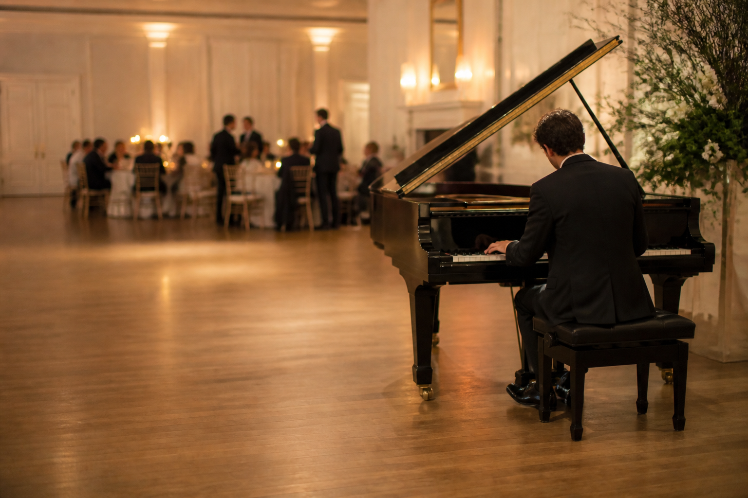 Black grand piano being played at an elegant special occasion